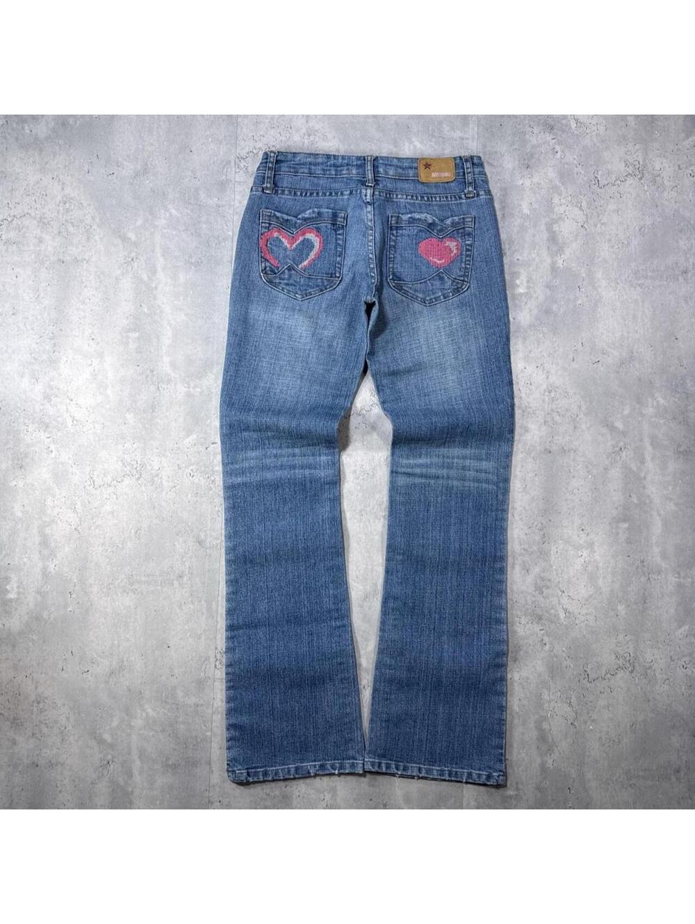 Y2K Bubblegum 00s Flared Denim Heart Embroidered Jeans